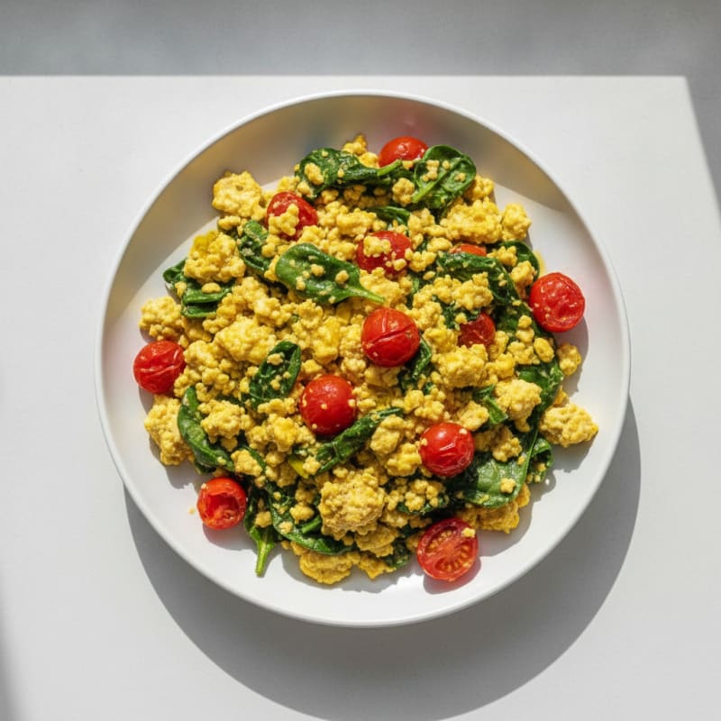 Silky Tofu Scramble with Sautéed Spinach and Cherry Tomatoes