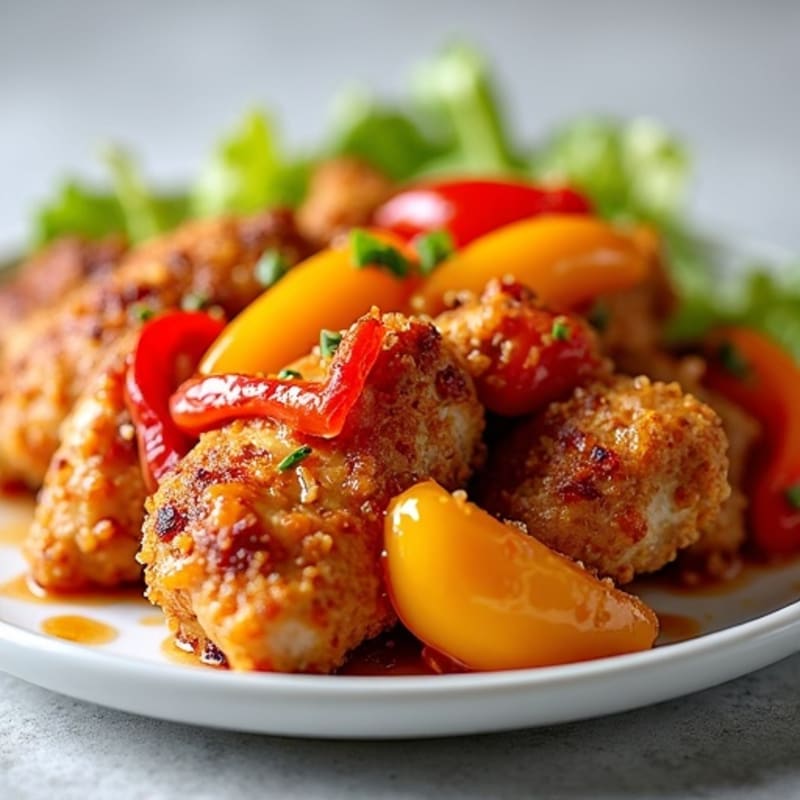 Crispy Baked Sweet and Sour Chicken with Roasted Bell Peppers