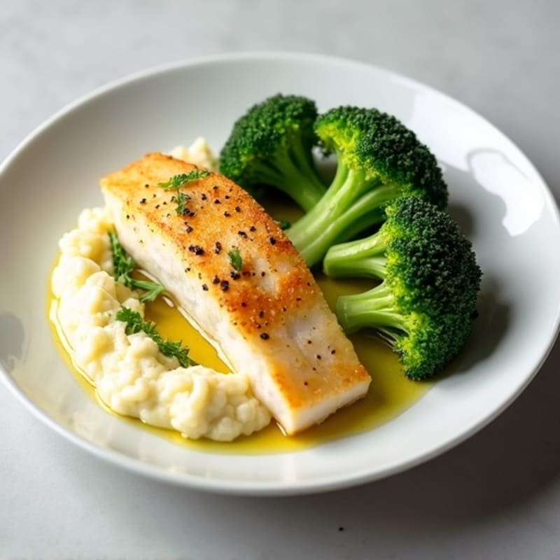 Baked Cod with Steamed Broccoli and Cauliflower Mash