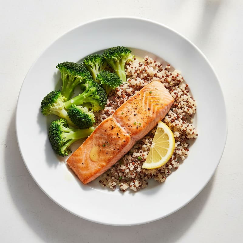 Seared Salmon with Steamed Broccoli and Quinoa