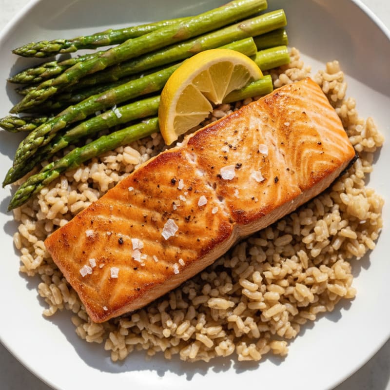 Seared Salmon with Steamed Asparagus and Brown Rice