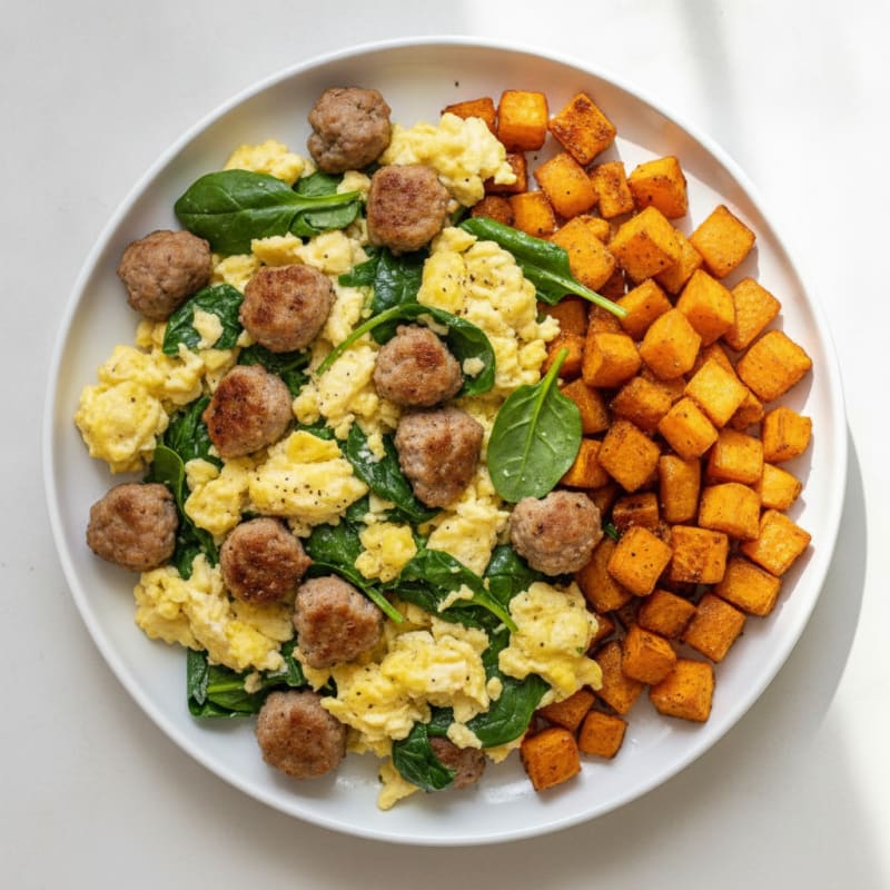 Crispy Turkey Sausage and Spinach Egg Scramble with Sweet Potato Hash