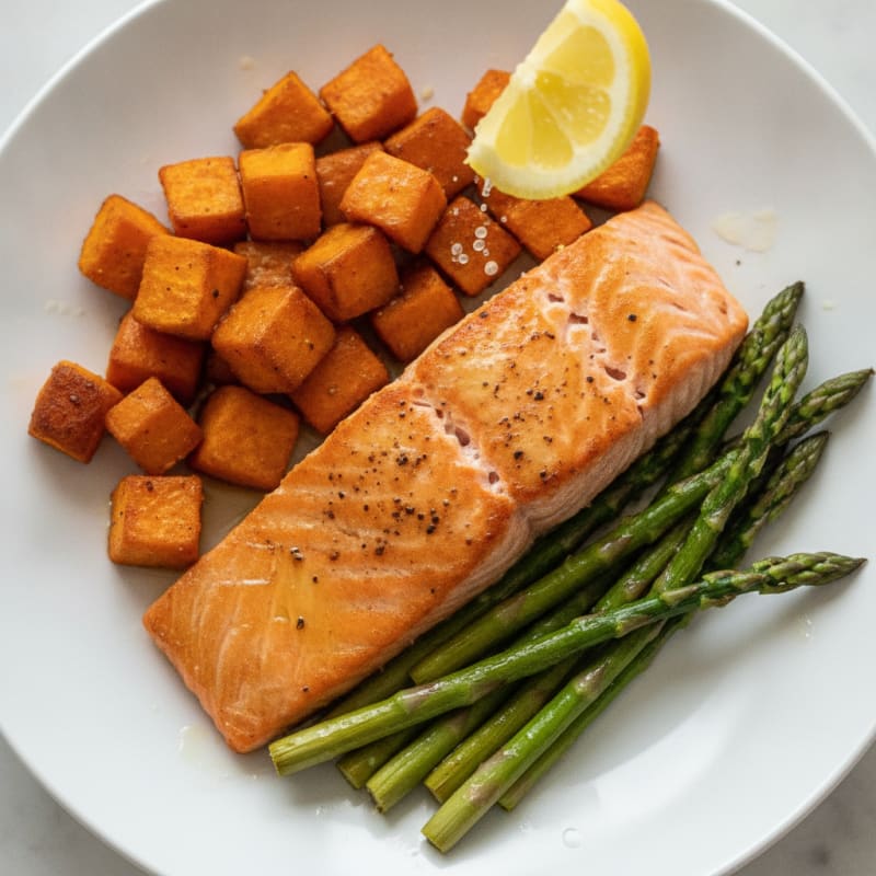 Seared Salmon with Roasted Sweet Potatoes and Asparagus
