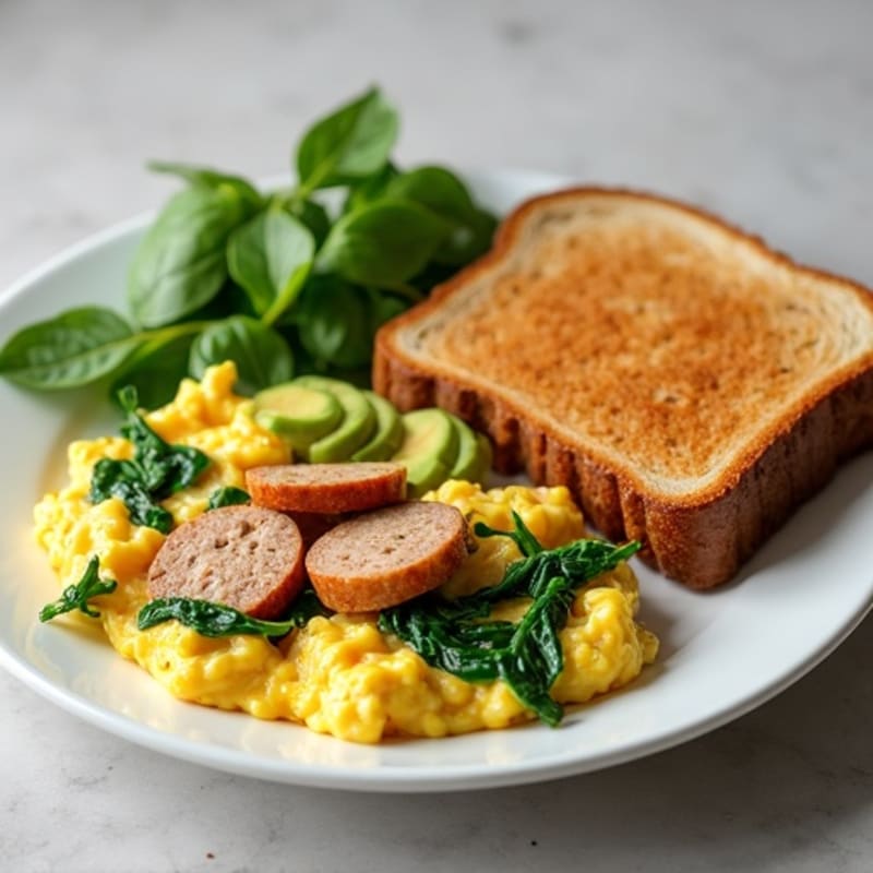 Egg White Scramble with Turkey Sausage and Sautéed Spinach
