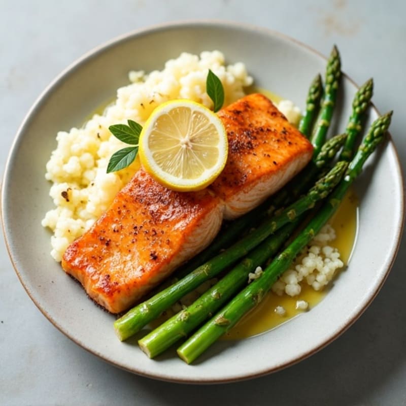 Seared Salmon with Steamed Asparagus and Cauliflower Mash