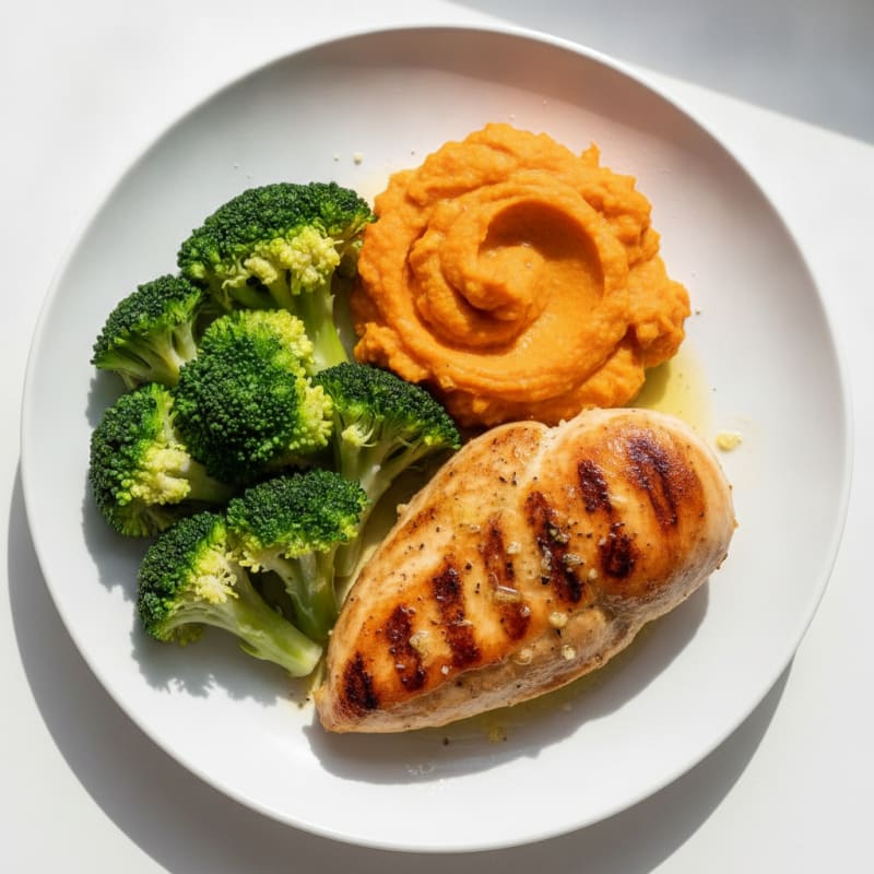 Roasted Chicken Breast with Steamed Broccoli and Sweet Potato Mash