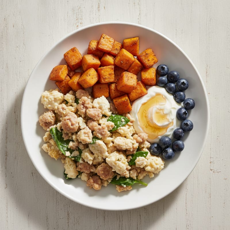 Egg White Scramble with Turkey Sausage and Fresh Berries