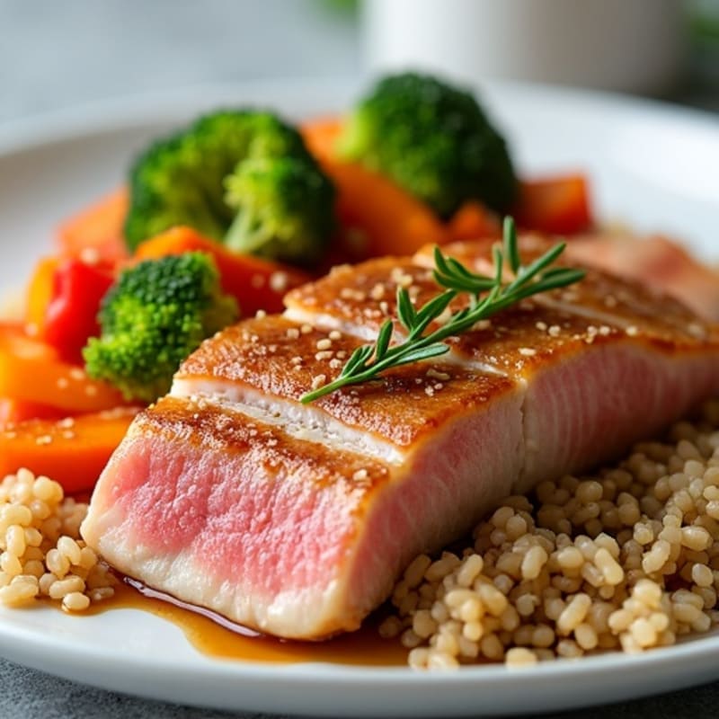 Fresh Tuna with Brown Rice and Crispy Sesame Ginger Vegetables