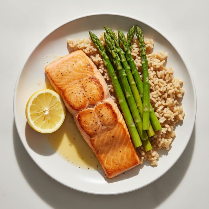 Seared Salmon Fillet with Steamed Asparagus and Brown Rice