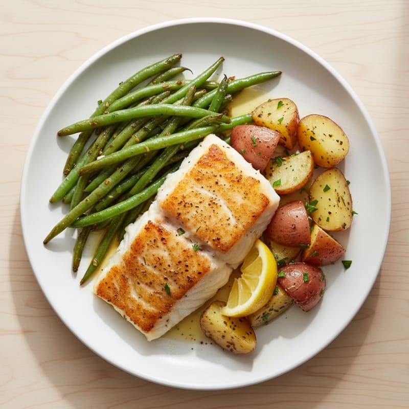 Seared Fish Fillet with Garlic Roasted Vegetables and Herb Potatoes