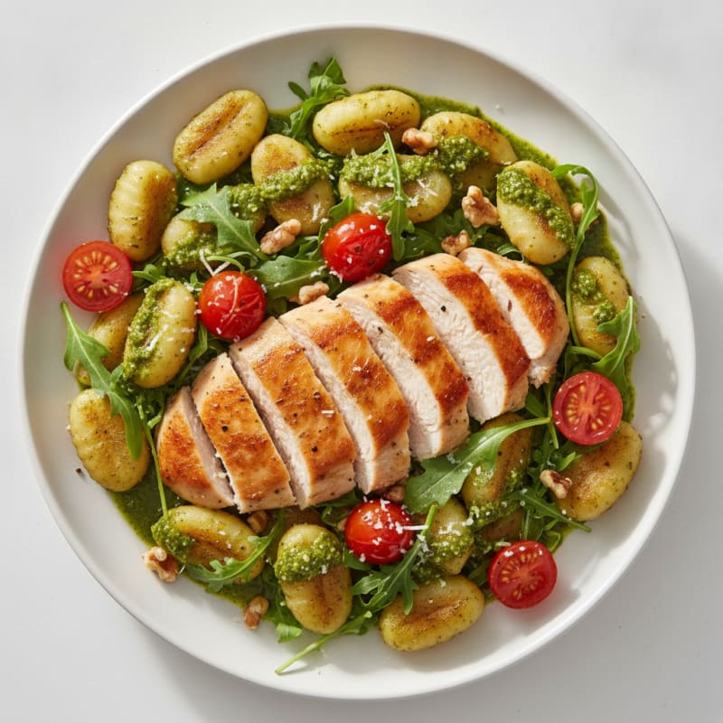 Gnocchi with Arugula Pesto and Cherry Tomatoes