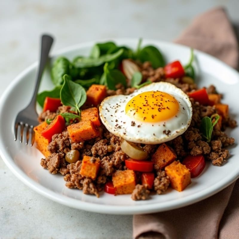 Savory Ground Beef and Roasted Sweet Potato Hash
