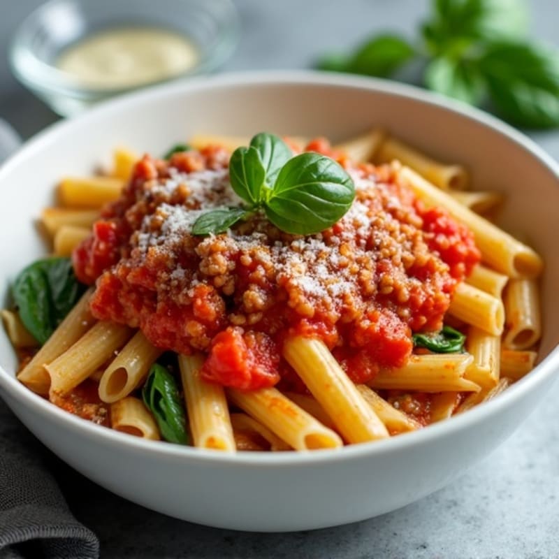 Lean Ground Turkey Pasta with Hearty Tomato Sauce and Fresh Spinach
