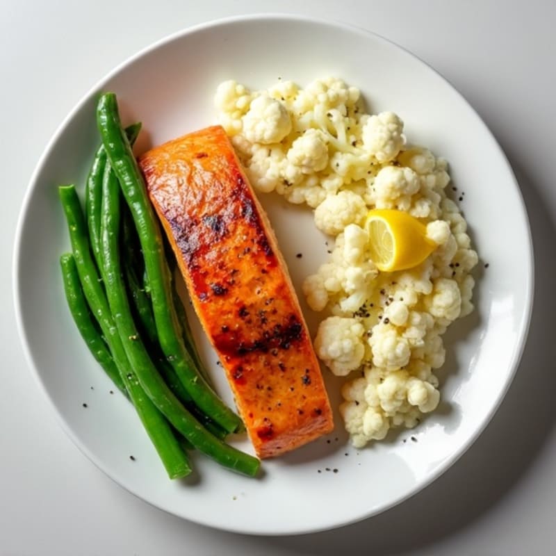 Seared Salmon with Steamed Green Beans and Cauliflower Mash