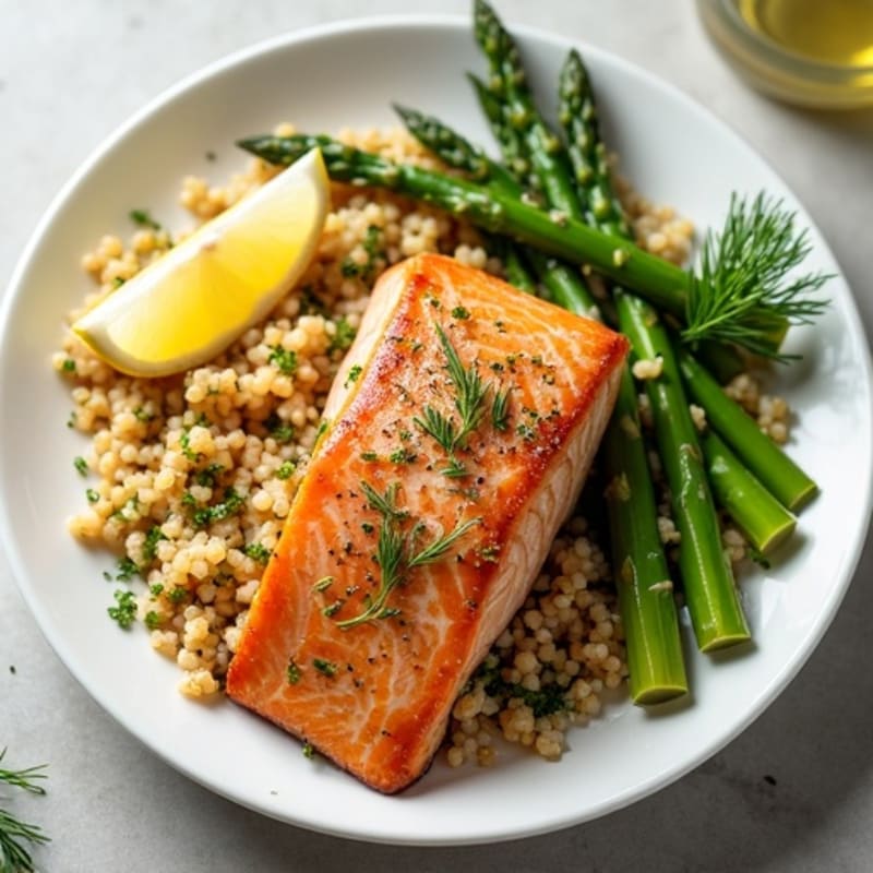 Pan-Seared Salmon with Crispy Asparagus and Lemon-Dill Quinoa