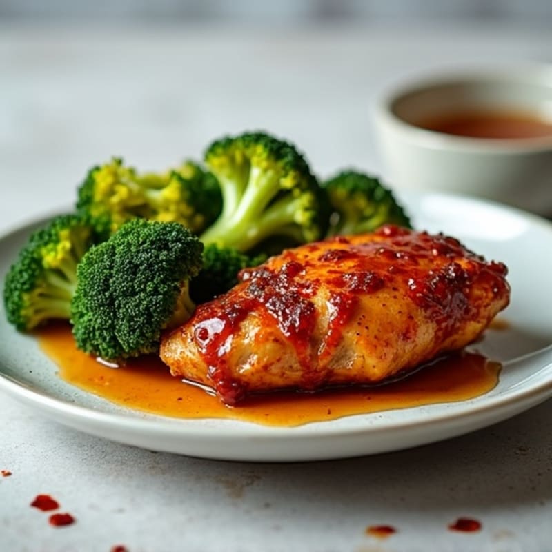 Crispy Chicken with Spicy Sticky Garlic Ginger Sauce and Roasted Broccoli