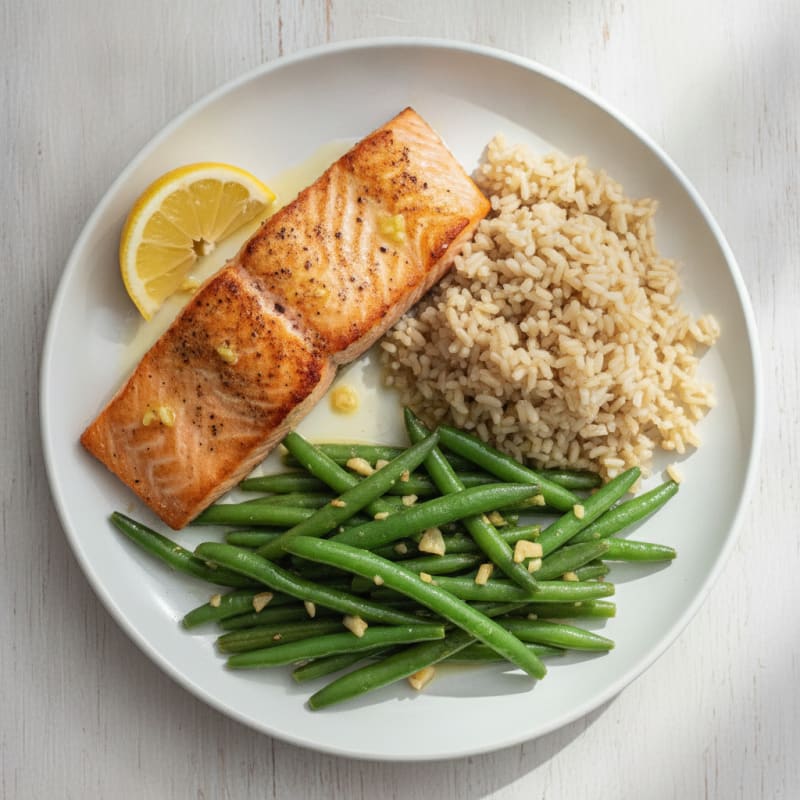 Seared Salmon with Garlic Green Beans and Brown Rice