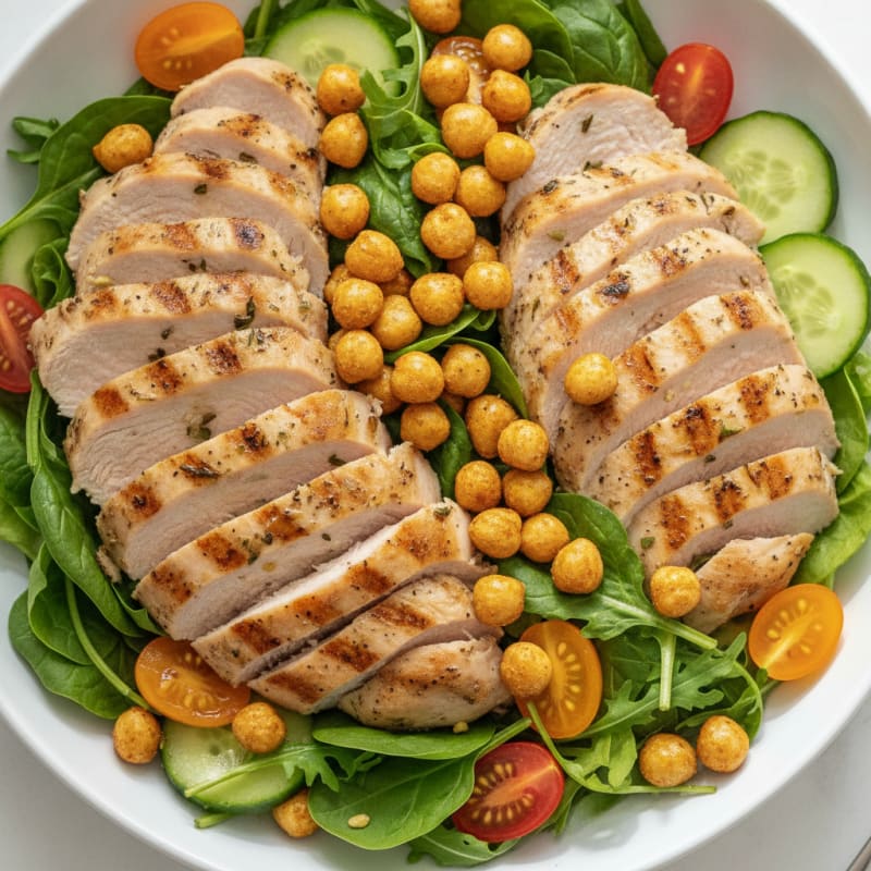 Grilled Turkey Breast Salad with Crunchy Chickpeas and Mixed Greens