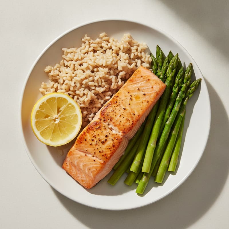 Seared Salmon with Steamed Asparagus and Brown Rice