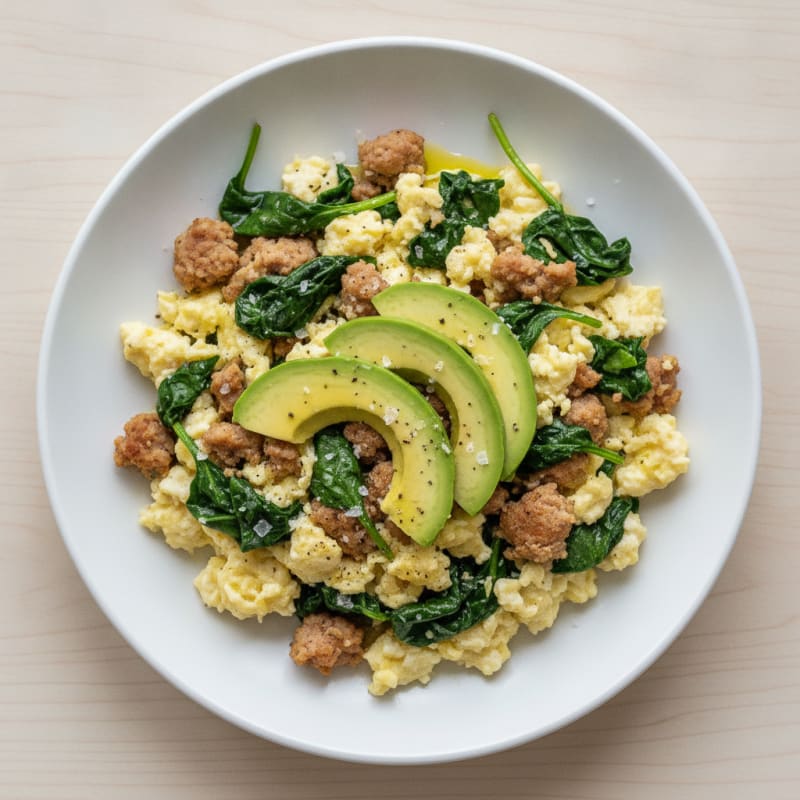Egg White Scramble with Turkey Sausage and Sautéed Spinach