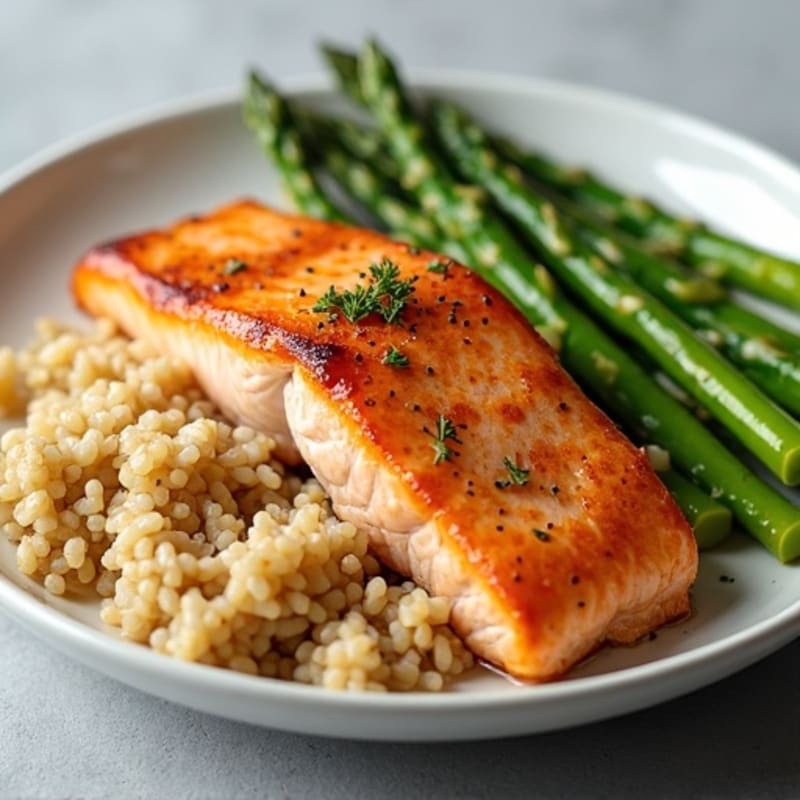 Seared Salmon with Steamed Asparagus and Brown Rice
