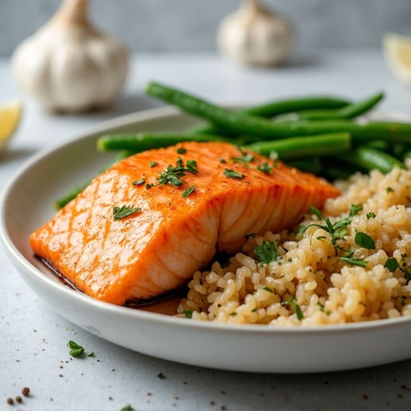 Seared Salmon Fillet with Garlic Green Beans and Brown Rice