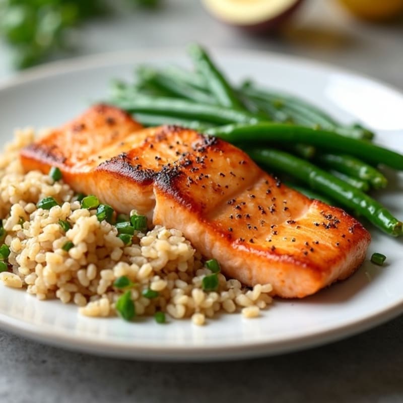 Seared Salmon Fillet with Garlic Green Beans and Brown Rice