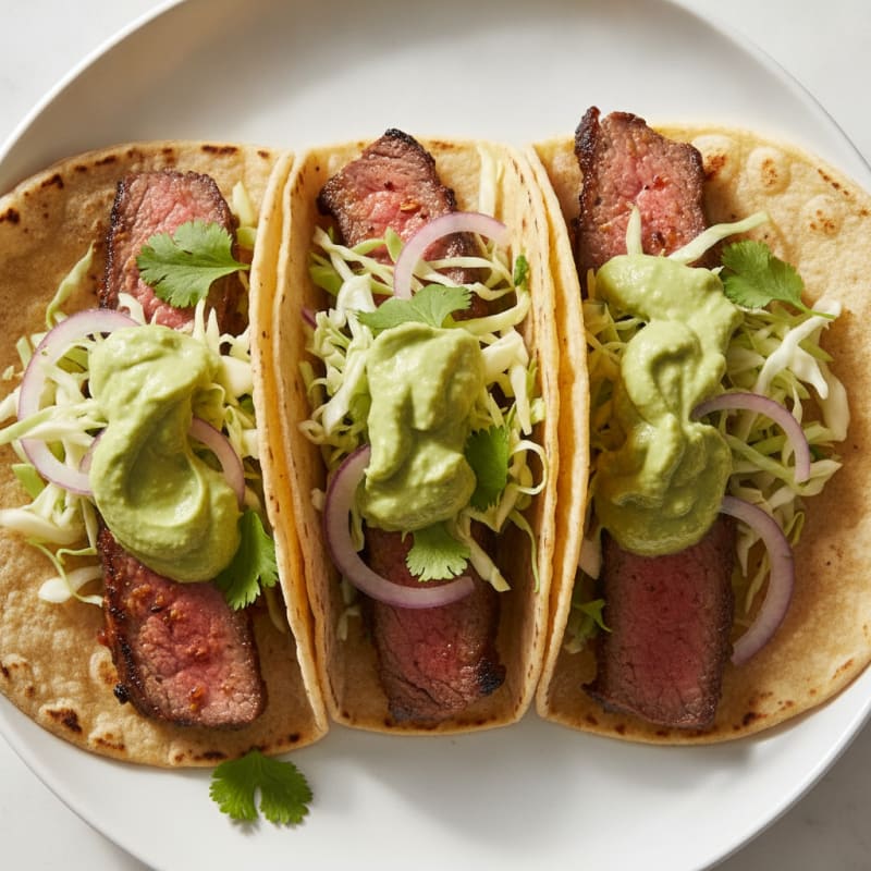 Carne Asada Tacos with Avocado Crema