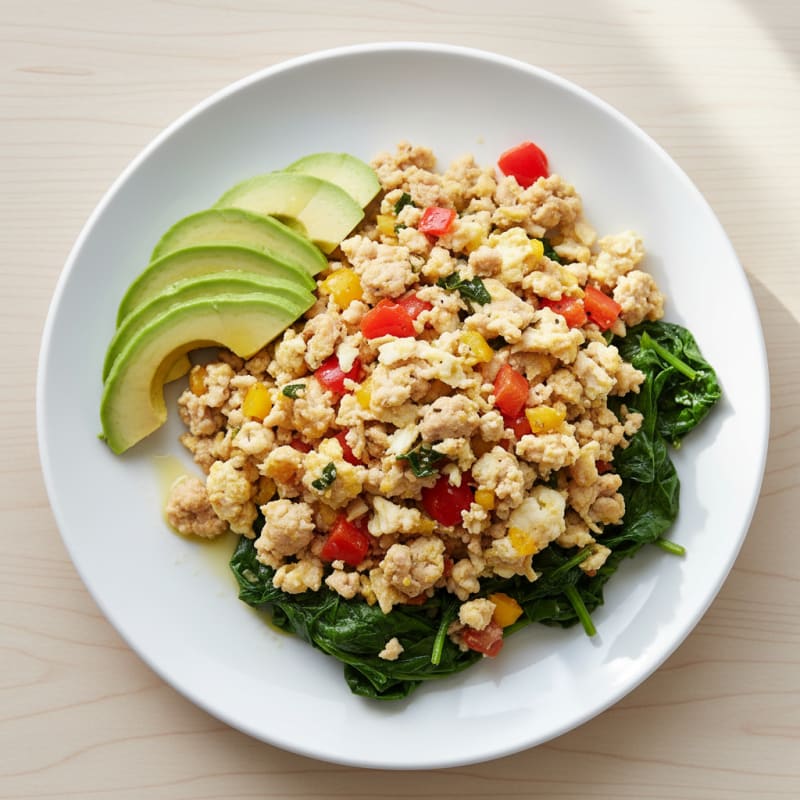 Egg White Vegetable Scramble with Turkey and Sautéed Spinach