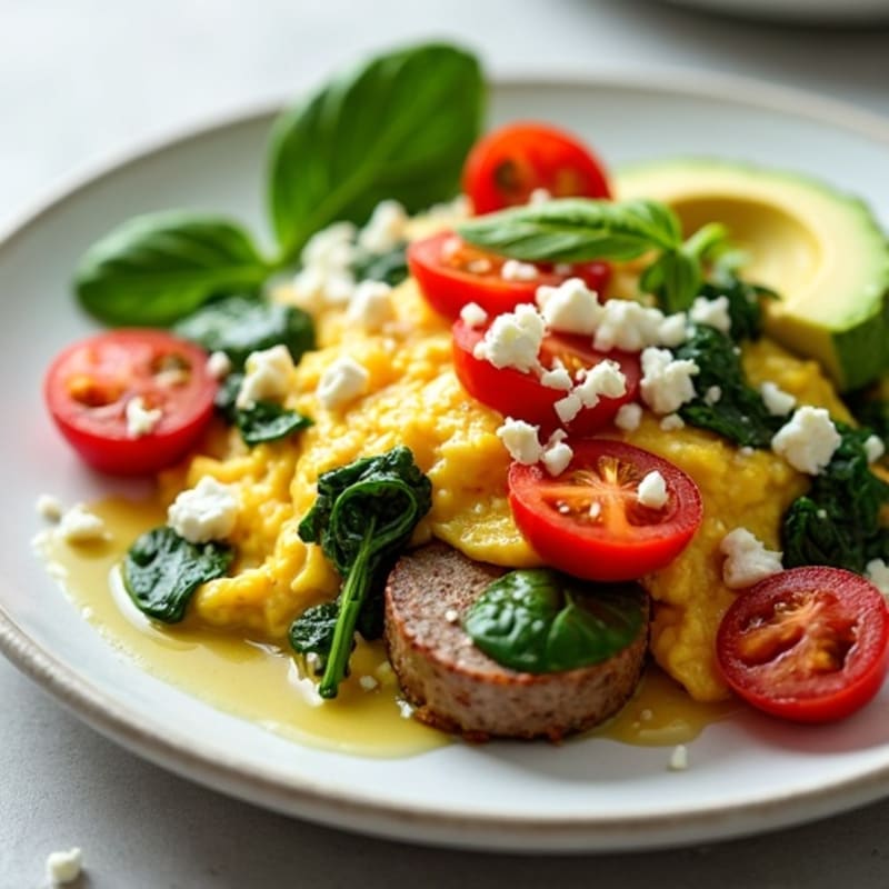 Egg White and Turkey Sausage Scramble with Spinach and Tomatoes