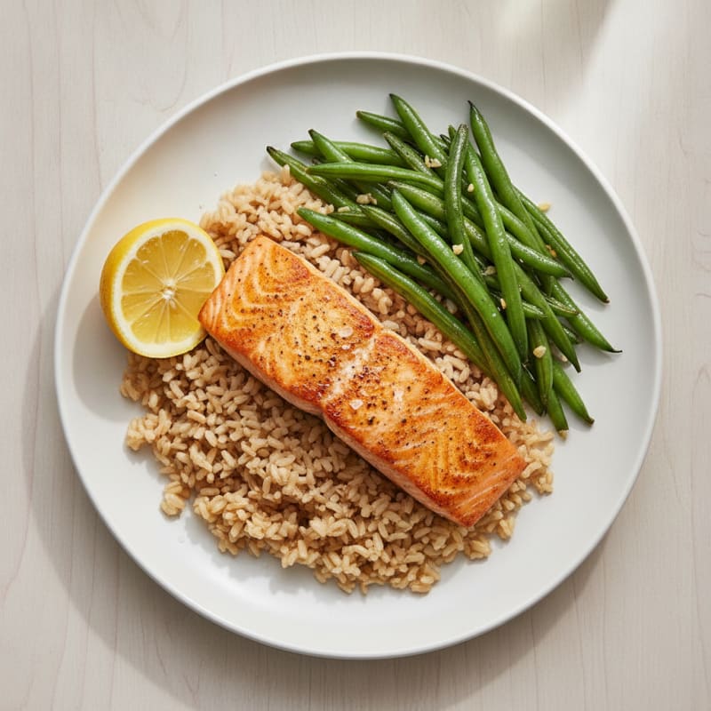 Seared Salmon with Garlic Green Beans and Brown Rice