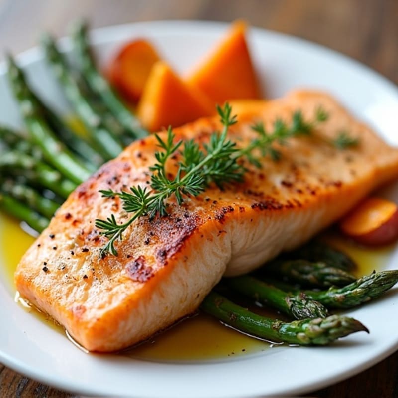 Seared Salmon Fillet with Roasted Sweet Potatoes and Asparagus