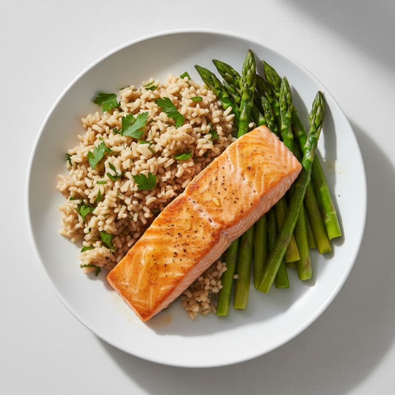 Seared Salmon with Steamed Asparagus and Herbed Brown Rice