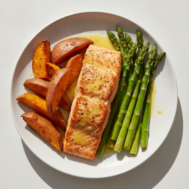 Seared Salmon with Roasted Sweet Potato and Asparagus