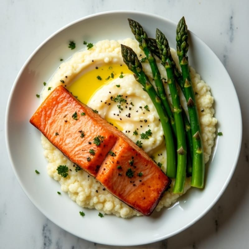 Seared Salmon with Steamed Asparagus and Cauliflower Mash