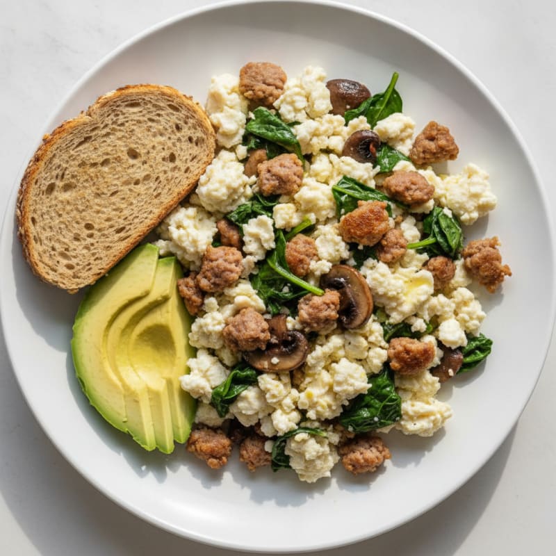 Egg White and Turkey Sausage Scramble with Spinach and Mushrooms