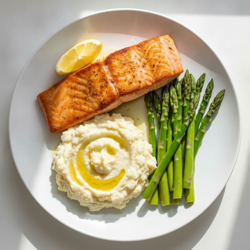 Seared Salmon with Steamed Asparagus and Mashed Cauliflower