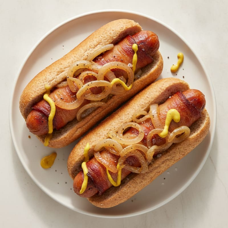 Bacon-Wrapped Hot Dogs with Caramelized Onions