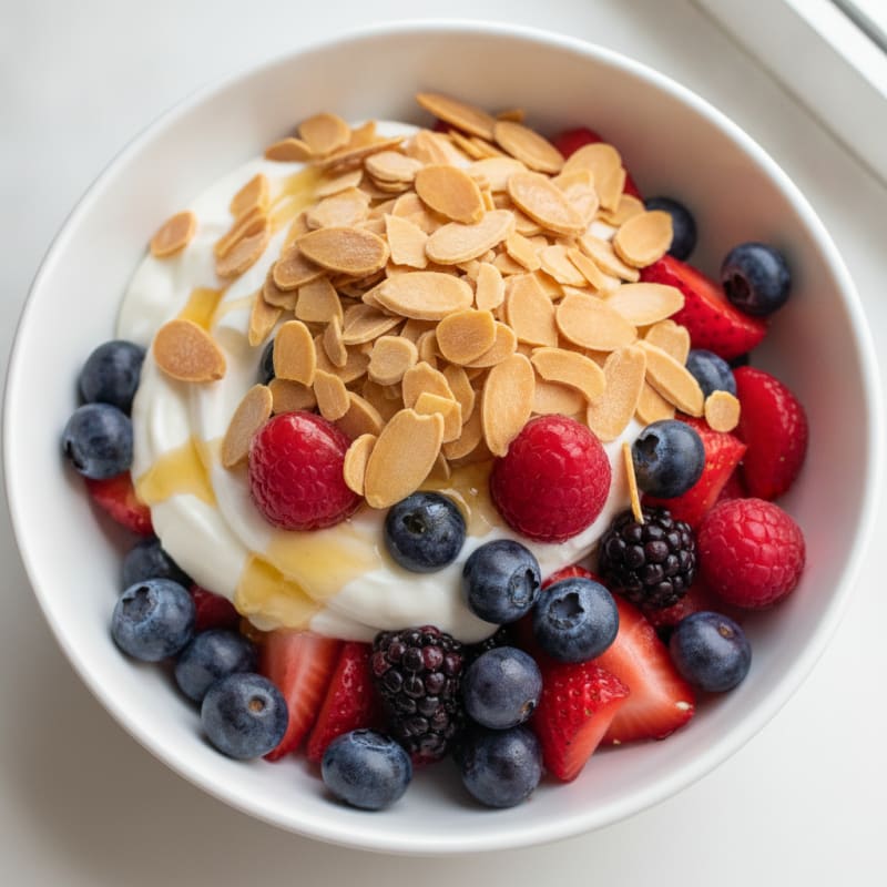 Greek Yogurt Protein Parfait with Mixed Berries and Almonds