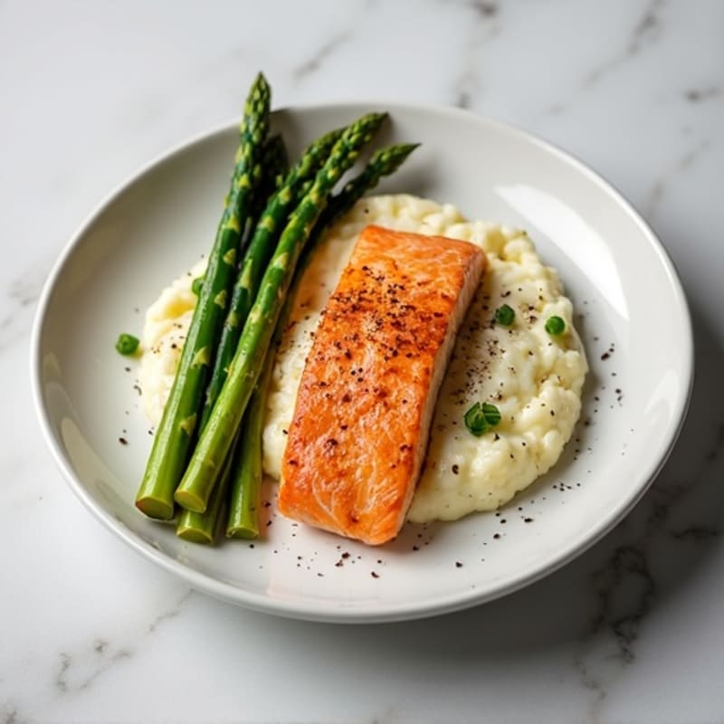 Seared Salmon Fillet with Roasted Asparagus and Cauliflower Mash