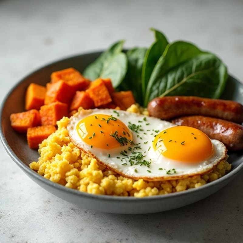 Turkey Sausage and Egg Scramble with Crispy Sweet Potatoes