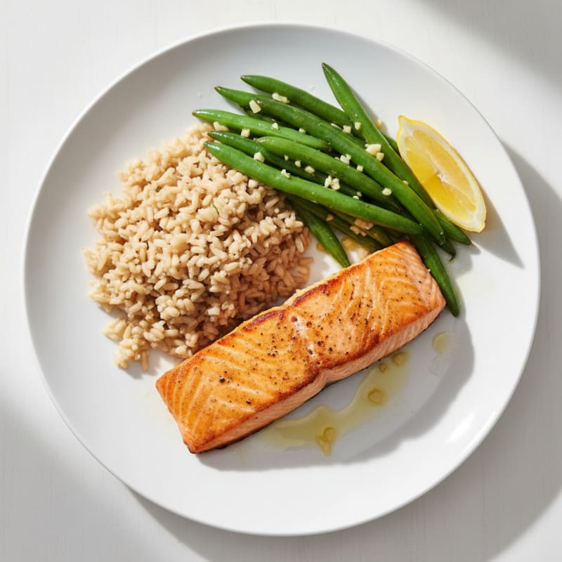 Seared Salmon with Garlic Green Beans and Brown Rice