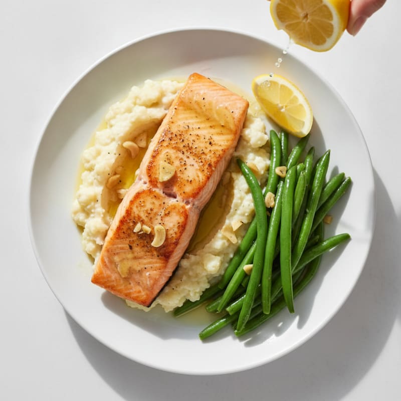 Seared Salmon with Steamed Green Beans and Garlic Mashed Cauliflower