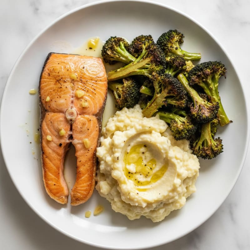 Seared Salmon with Roasted Broccoli and Garlic Mashed Cauliflower