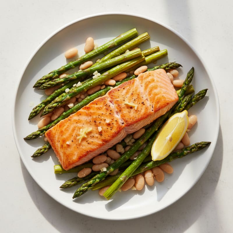 Seared Salmon Fillet with Roasted Asparagus and White Beans