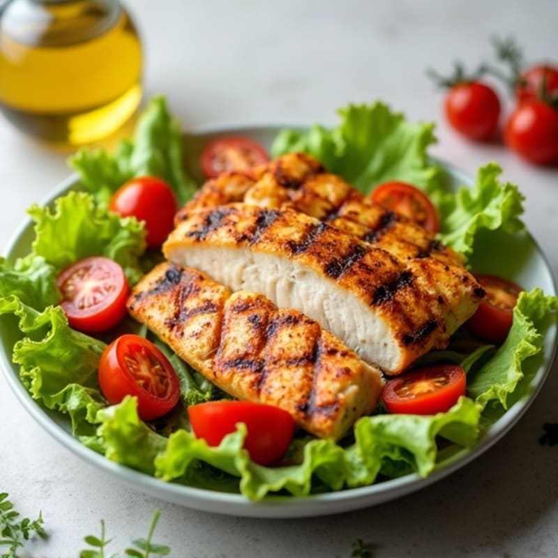 Grilled Chicken Breast over Crisp Romaine with Cherry Tomatoes