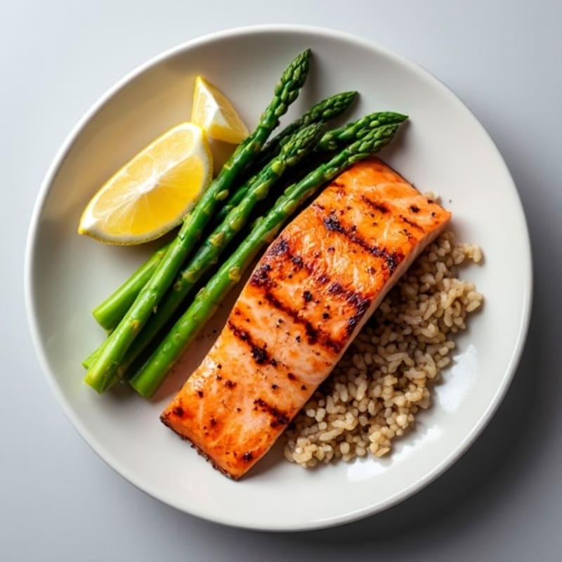Seared Salmon Fillet with Steamed Asparagus and Brown Rice
