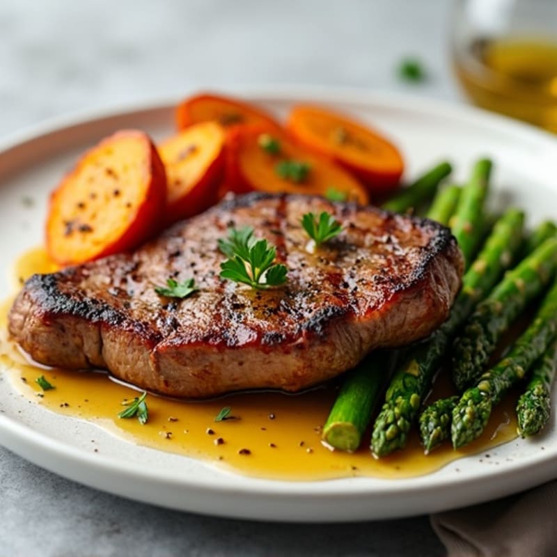 Pan-Seared Steak with Roasted Asparagus and Sweet Potatoes