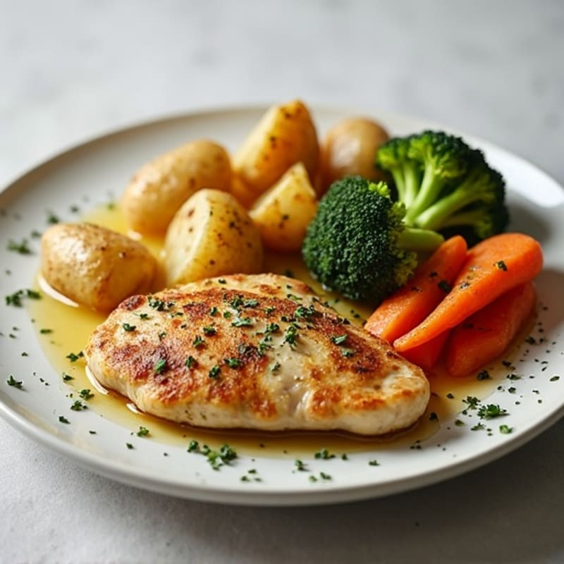 Herb-Roasted Chicken with Crispy Smashed Potatoes and Roasted Vegetables
