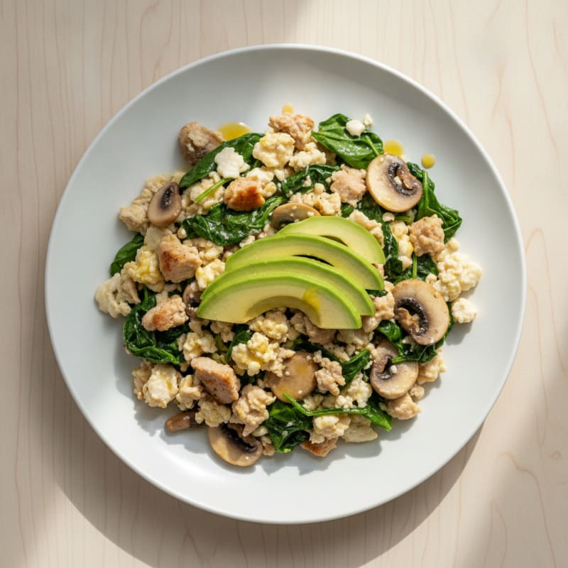 Egg White Spinach Scramble with Turkey Breast and Sautéed Mushrooms